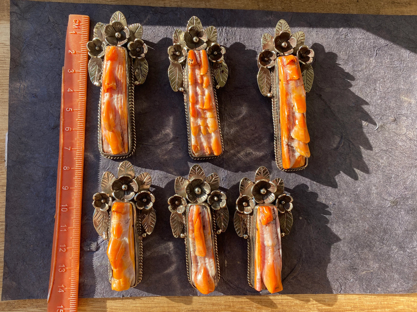 Small Long Orange Spiny Oyster Shell Tibetan Silver Pendant, Native American Style, Southwestern Jewelry, for Men or Women, Spiky Thorny