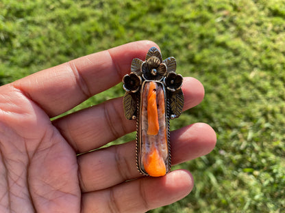 Small Long Orange Spiny Oyster Shell Tibetan Silver Pendant, Native American Style, Southwestern Jewelry, for Men or Women, Spiky Thorny