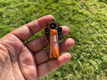 Small Long Orange Spiny Oyster Shell Tibetan Silver Pendant, Native American Style, Southwestern Jewelry, for Men or Women, Spiky Thorny