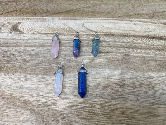 Small Pointed Natural Gemstones Pendant, Tibetan Silver, Crystal/Rose Quartz/Fluorite/Lapis or Amethyst Natural Stone, Pendant for Necklace