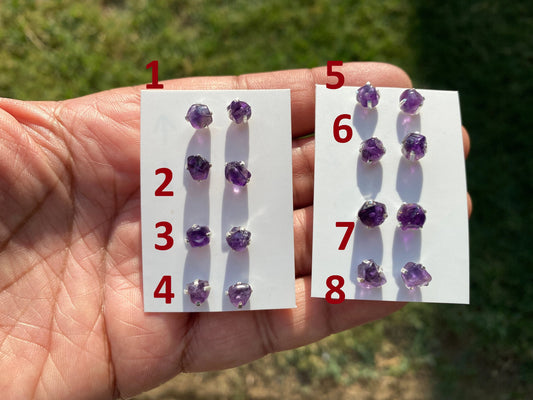 Small Raw Amethyst Sterling Silver Earring, Raw Prong Set Stud Earrings, Amethyst Stud Earring, February Birthstone, Small Gemstone Earrings