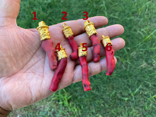 Small Raw Bamboo Shape Red Coral Pendant, 18K Brushed Gold Overlay with Anti tarnish, Popular Jewellery, Freeform Coral, Tibetan Jewelry