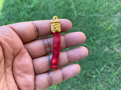 Small Raw Bamboo Shape Red Coral Pendant, 18K Brushed Gold Overlay with Anti tarnish, Popular Jewellery, Freeform Coral, Tibetan Jewelry