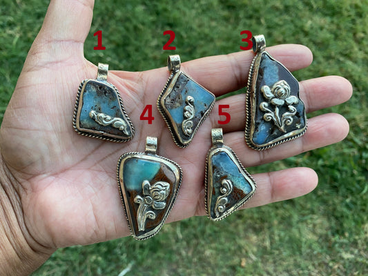 Small Raw Chrysoprase Slab Natural Stone Tibetan Silver Pendant, Flower Designs, Ethnic Jewelry, Himalayan Jewelry, Natural Stone Jewelry