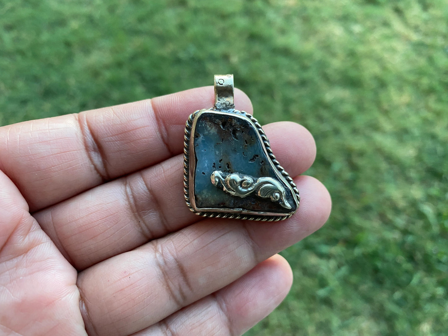 Small Raw Chrysoprase Slab Natural Stone Tibetan Silver Pendant, Flower Designs, Ethnic Jewelry, Himalayan Jewelry, Natural Stone Jewelry