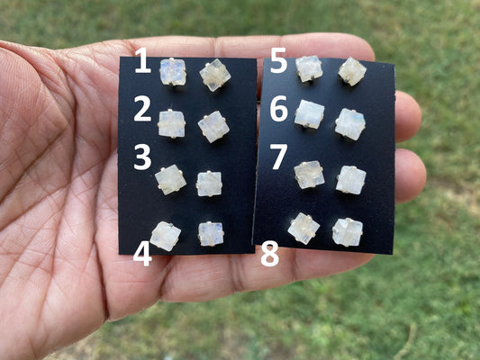 Small Raw Rainbow Moonstone Post Earrings, Sterling Silver Earring, Prong Stud Earring, Rainbow Moonstone Earrings, Crystal Stud, Birthstone