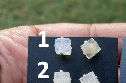 Small Raw Rainbow Moonstone Post Earrings, Sterling Silver Earring, Prong Stud Earring, Rainbow Moonstone Earrings, Crystal Stud, Birthstone
