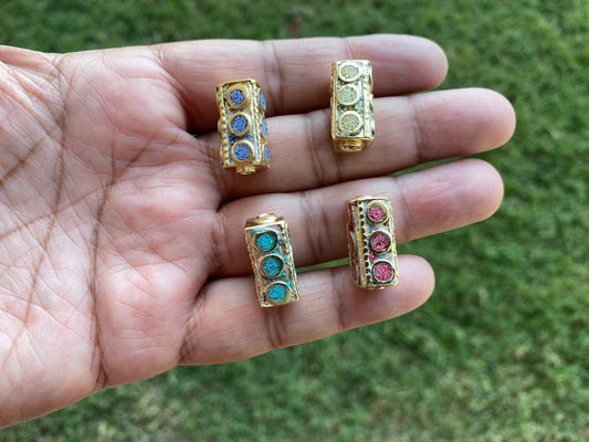Small Tibetan Beads, 14k Matte Gold Overlay over Brass, Turquoise Coral Lapis Inlay Beads, Nepal Ethnic Tribal Yoga Metal Box Beads