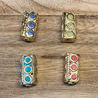 Small Tibetan Beads, 14k Matte Gold Overlay over Brass, Turquoise Coral Lapis Inlay Beads, Nepal Ethnic Tribal Yoga Metal Box Beads