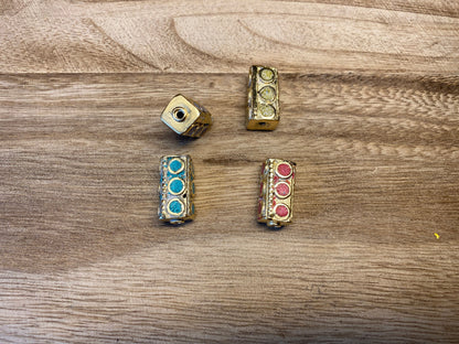 Small Tibetan Beads, 14k Matte Gold Overlay over Brass, Turquoise Coral Lapis Inlay Beads, Nepal Ethnic Tribal Yoga Metal Box Beads