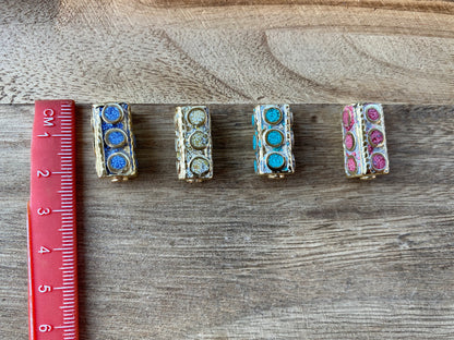 Small Tibetan Beads, 14k Matte Gold Overlay over Brass, Turquoise Coral Lapis Inlay Beads, Nepal Ethnic Tribal Yoga Metal Box Beads