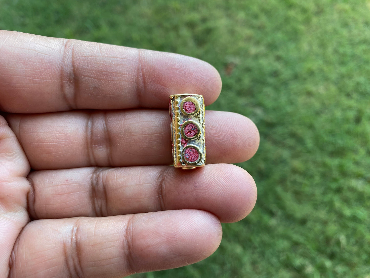 Small Tibetan Beads, 14k Matte Gold Overlay over Brass, Turquoise Coral Lapis Inlay Beads, Nepal Ethnic Tribal Yoga Metal Box Beads
