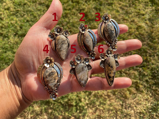 Small Tibetan Silver Pendant with Natural Dendritic Jasper, Flower and Feather Design, Unique Jewelry, Nature Lover Jewelry, Crystal Pendant