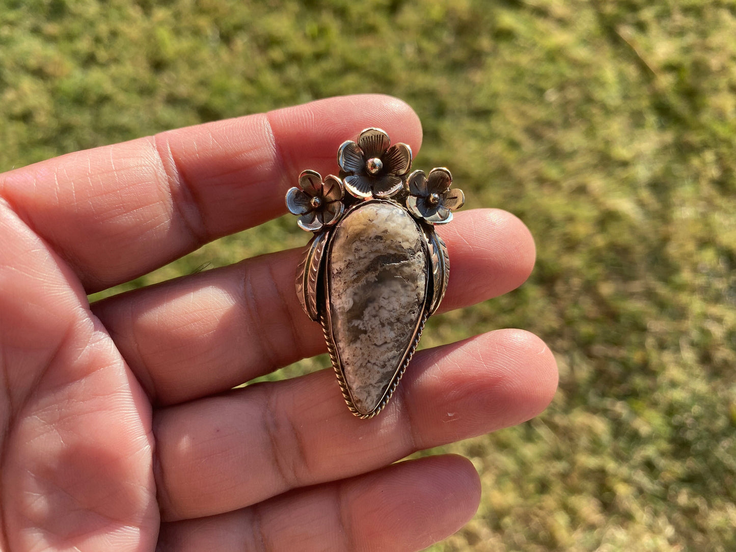 Small Tibetan Silver Pendant with Natural Dendritic Jasper, Flower and Feather Design, Unique Jewelry, Nature Lover Jewelry, Crystal Pendant