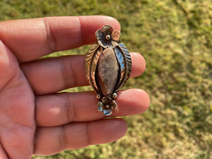 Small Tibetan Silver Pendant with Natural Dendritic Jasper, Flower and Feather Design, Unique Jewelry, Nature Lover Jewelry, Crystal Pendant
