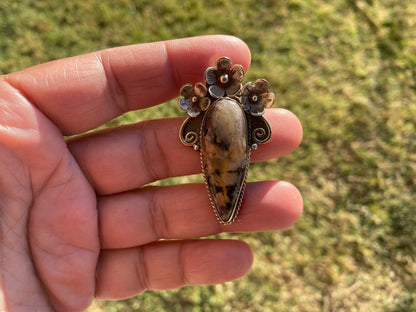 Small Tibetan Silver Pendant with Natural Dendritic Jasper, Flower and Feather Design, Unique Jewelry, Nature Lover Jewelry, Crystal Pendant