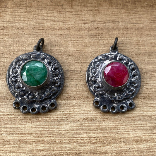 Small Tribal Gemstone Pendant, Oxidize Brass, Emerald Charm, Ruby Tibetan Pendant, Charm for Earring/Necklace/Bracelet, Handmade in Nepal,