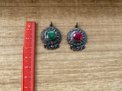 Small Tribal Gemstone Pendant, Oxidize Brass, Emerald Charm, Ruby Tibetan Pendant, Charm for Earring/Necklace/Bracelet, Handmade in Nepal,