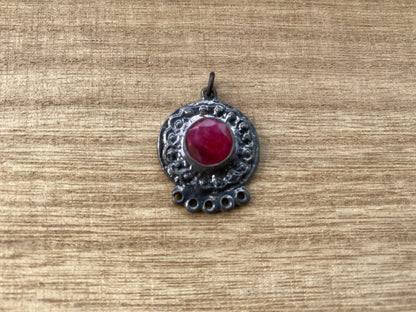 Small Tribal Gemstone Pendant, Oxidize Brass, Emerald Charm, Ruby Tibetan Pendant, Charm for Earring/Necklace/Bracelet, Handmade in Nepal,