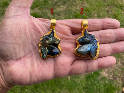 Small Unicorn Labradorite Natural Stone Pendant, 18K Non Tarnish Brushed Gold Overlay Jewelry, Blue Labradorite Horse, Healing Crystal