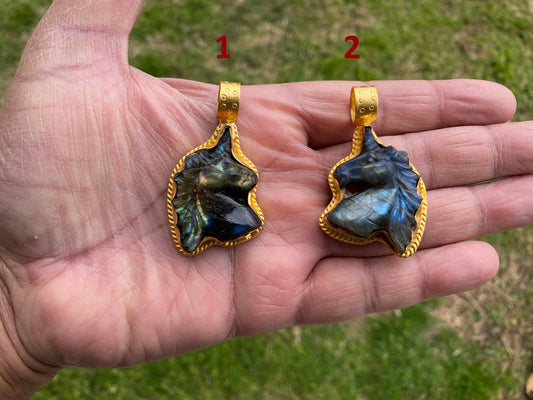 Small Unicorn Labradorite Natural Stone Pendant, 18K Non Tarnish Brushed Gold Overlay Jewelry, Blue Labradorite Horse, Healing Crystal