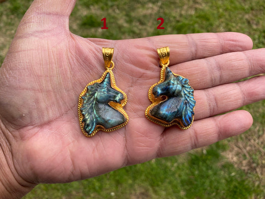 Small Unicorn Labradorite Natural Stone Pendant, 18K Non Tarnish Brushed Gold Overlay Jewelry, Blue Labradorite Horse, Healing Crystal