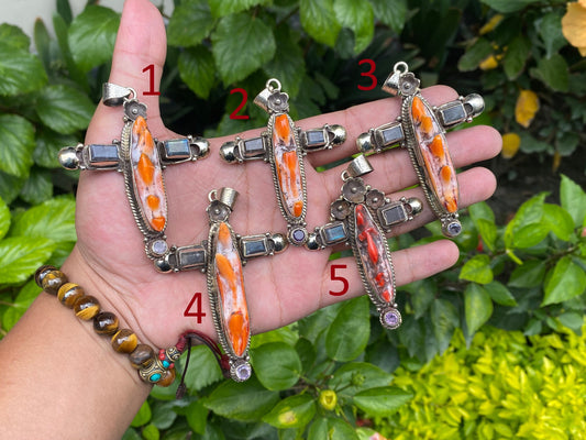 Spiny Orange Oyster for Daily wear, Hammered Natural gemstone pendant, Cross shaped pendant, Spiritual pendant, Unique Sea inspired Pendant.