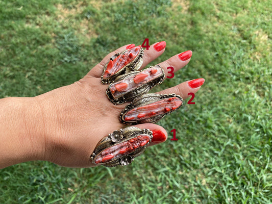 Large Adjustable Natural Spiny Oyster Tibetan Silver Ring, Spiny Oyster Jewelry, Southwest Ring, Statement Ring, Native American Style
