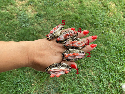 Big Adjustable Natural Spiny Oyster Tibetan Silver Ring, Spiny Oyster Jewelry, Southwest Ring, Statement Ring, Native American Style