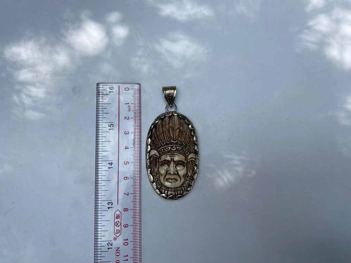 Spirit of the Chief: Intricately Carved Buffalo Bone Pendant, Buffalo Bone Carving Pendant.