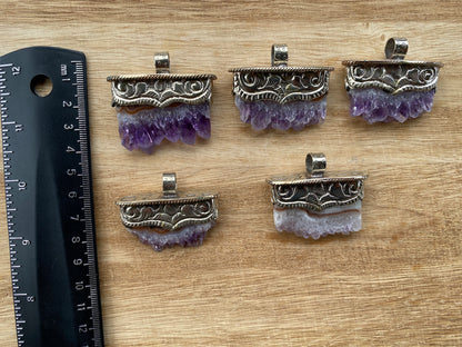 Stalactite Slice Natural Amethyst Tibetan Silver Pendant, Amethyst Slice Pendant, Druzy Crystal Edged Jewelry, Boho Pendant, Earthy Pendant