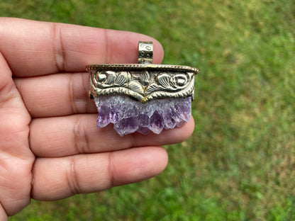 Stalactite Slice Natural Amethyst Tibetan Silver Pendant, Amethyst Slice Pendant, Druzy Crystal Edged Jewelry, Boho Pendant, Earthy Pendant