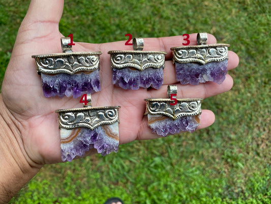 Stalactite Slice Natural Amethyst Tibetan Silver Pendant, Amethyst Slice Pendant, Druzy Crystal Edged Jewelry, Boho Pendant, Earthy Pendant