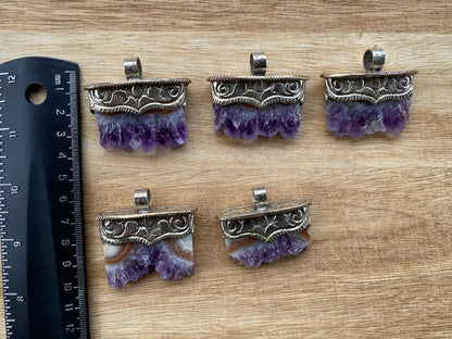 Stalactite Slice Natural Amethyst Tibetan Silver Pendant, Amethyst Slice Pendant, Druzy Crystal Edged Jewelry, Boho Pendant, Earthy Pendant