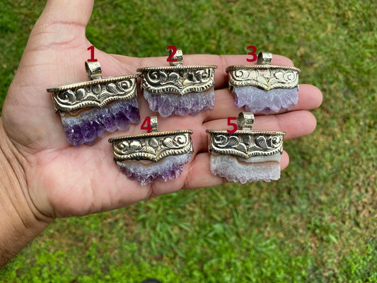 Stalactite Slice Natural Amethyst Tibetan Silver Pendant, Amethyst Slice Pendant, Druzy Crystal Edged Jewelry, Boho Pendant, Earthy Pendant