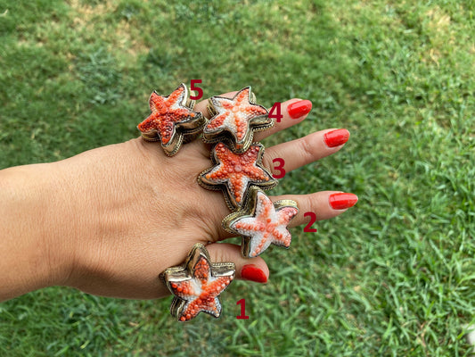 Starfish Adjustable Ring, Spiny Oyster Shell Tibetan Silver, Starfish Designs Jewelry, Southwest Ring, Statement Ring, Native American Style