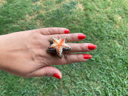 Starfish Adjustable Ring, Spiny Oyster Shell Tibetan Silver, Starfish Designs Jewelry, Southwest Ring, Statement Ring, Native American Style