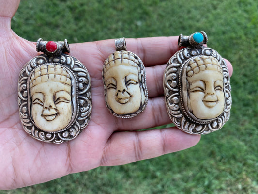 Sterling Silver Buddha Head Pendant,Buffalo Bone Carved Buddha, Tibetan Pendant, Unique Design,Unusual,Ethnic Tribe Jewelry,Jewelry Supplies