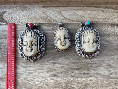 Sterling Silver Buddha Head Pendant,Buffalo Bone Carved Buddha, Tibetan Pendant, Unique Design,Unusual,Ethnic Tribe Jewelry,Jewelry Supplies