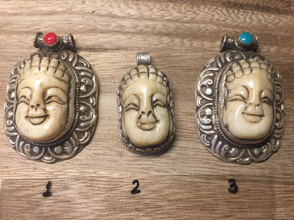 Sterling Silver Buddha Head Pendant,Buffalo Bone Carved Buddha, Tibetan Pendant, Unique Design,Unusual,Ethnic Tribe Jewelry,Jewelry Supplies