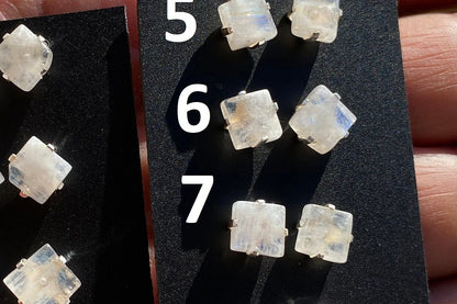 Tiny Raw Rainbow Natural Moonstone Gemstone Stud Earrings, Sterling Silver Earrings, Prong Stud Earring, Crystal Stud, June Birthstone
