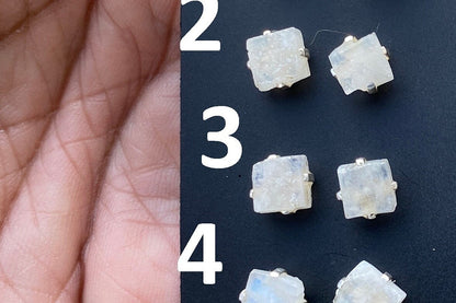 Small Raw Moonstone Post Earrings, Sterling Silver Earrings, Prong Stud Earring, Rainbow Moonstone Earrings, Crystal Studs, June Birthstone,