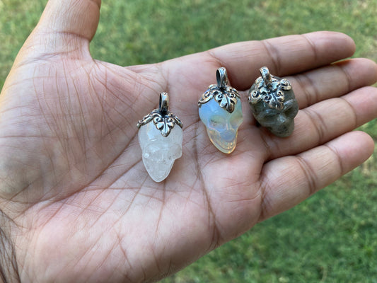 Sterling Silver Small Carved Skull Crystal Pendant, Opalite Crystal Skull Pendant, Halloween Jewelry, Gothic Spiritual Skull, Gemstone Skull