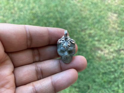 Sterling Silver Small Carved Skull Crystal Pendant, Opalite Crystal Skull Pendant, Halloween Jewelry, Gothic Spiritual Skull, Gemstone Skull