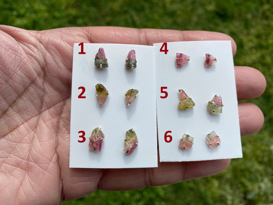Raw Watermelon Tourmaline Stud Earring, Sterling Silver Studs, Rough Gemstone Earrings, Raw Tourmaline Stud Earrings, Natural Stone Jewelry