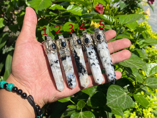 Unisex Healing Pendant: Stylish and Unique from Nepal, Moonstone pendant adorned with Black onyx.