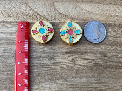 Tibetan Beads, High Quality Matte Gold Overlay with Anti Tarnish, Turquoise with Coral Inlay Necklace Bead, Bracelet Charm, Jewelry Supplies