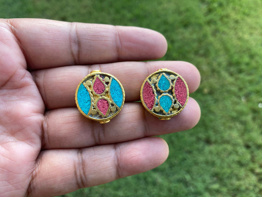Tibetan Beads, High Quality Matte Gold Overlay with Anti Tarnish, Turquoise with Coral Inlay Necklace Bead, Bracelet Charm, Jewelry Supplies