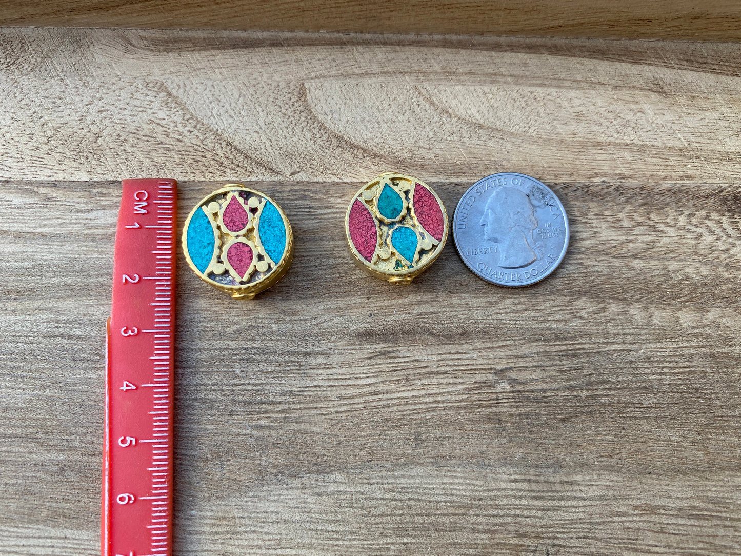 Tibetan Beads, High Quality Matte Gold Overlay with Anti Tarnish, Turquoise with Coral Inlay Necklace Bead, Bracelet Charm, Jewelry Supplies