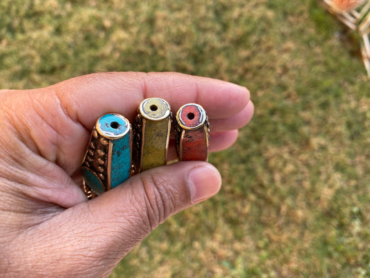 Tibetan Brass Guru Bead, Turquoise, Coral or Lapis Inlaid, Himalayan Bead for Necklace, Bracelet Charm, Mala Bead, Hill Tribe Center Bead